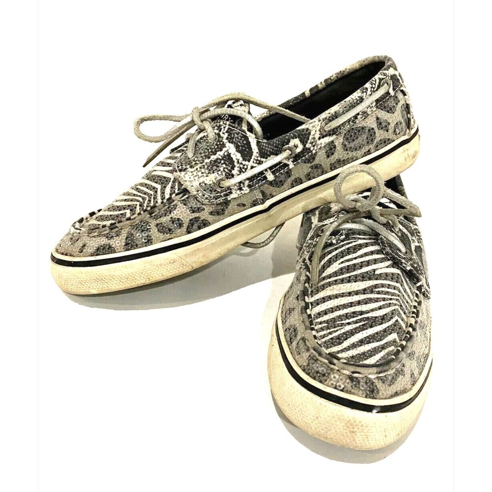 Sperry Top-Sider Women 7 Black Silver Sequin Animal Print Lace Up Boat Shoes